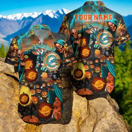 Personalized Miami Dolphins Hawaiian Shirt Happy Halloween Cool Hawaiian Shirt