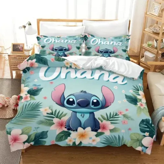 Cute Stitch Ohana Means Family Tropical Flowers Stitch & Lilo Bedding Set