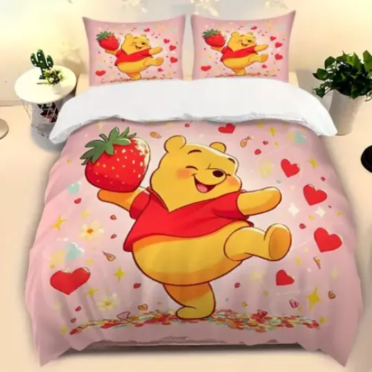 Happy Pooh Bear With Strawberry Winnie The Pooh Valentine's Day Bedding Set