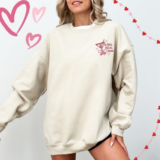 A Tini Bit In Love Embroidered Crewneck Sweatshirt, Trendy Valentine's Day Coquette Bow Holiday Embroidery, Lounge Set Gift for Her, Martini
