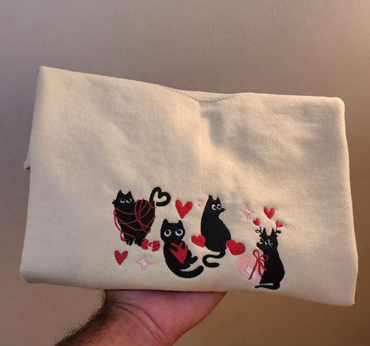 Valentines black Cats Embroidered sweatshirt,  Embroidered crewneck cats, Valentine's Day sweater,  Cat Love Embroidery design, xoxo sweater