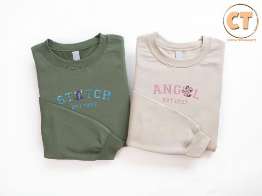 Embroidery Stitch and Angel Sweatshirt, Couples Stitch Sweater, Valentine Gift, Valentines Day Gift Shirt, Embroidered Stitch Disney Shirt