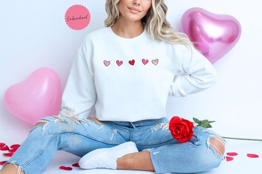 Valentines Day Sweatshirt, Embroidered Hearts Sweatshirt, Cute Trendy Hearts Sweatshirt, Trendy Girly Sweatshirt