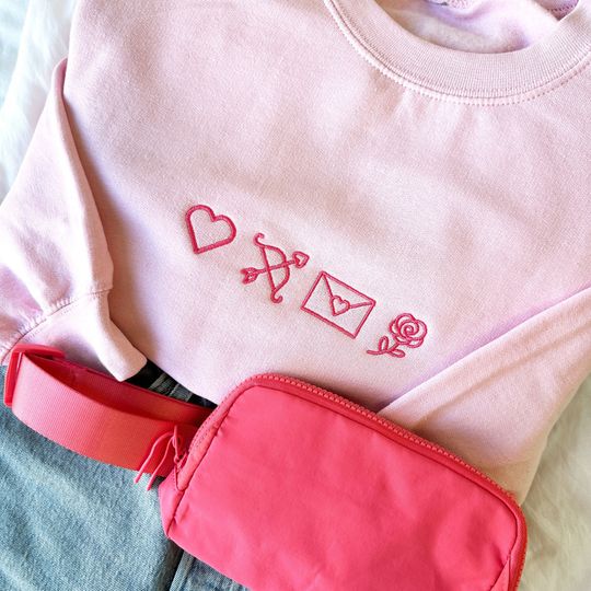 Embroidered Cute Valentine's Icons Gemma Crewneck Sweatshirt | Valentine's Sweatshirt | Valentine's Gift | Gift for Her | Galantine's Day