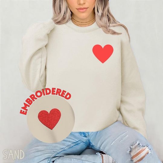 Heart Sweatshirt, Embroidered Heart Sweater, Valentine's Day Sweatshirt, Love Day shirt, Valentine Sweatshirts, Heart Shirt, Girlfriend Gift