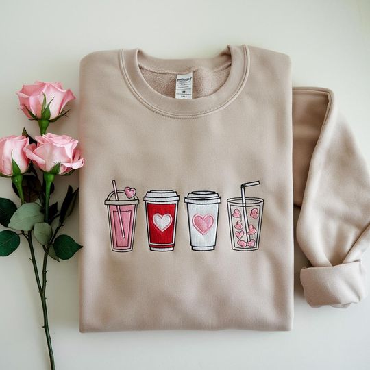 Womens Valentines Day Embroidered Sweatshirt, Valentine Coffee Hoodie, Valentines Day Sweater, Valentines Day Shirt, Valentines Sweater