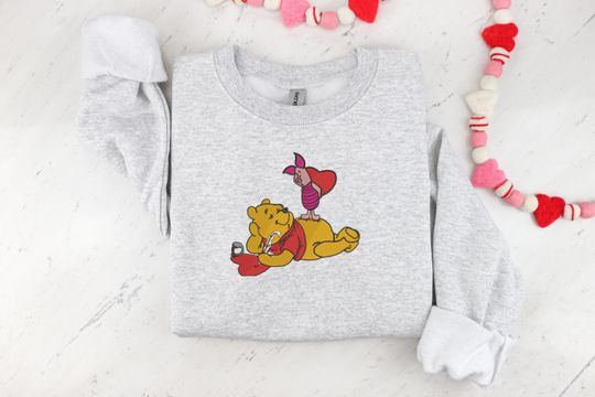 Valentines Day Winnie the Pooh Embroidered Sweatshirt - Embroidered Crewneck -   Sweatshirt - Couples Sweater - Valentines Sweater