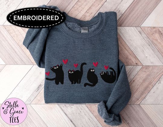 Embroidered Valentines Cats Sweatshirt, Funny Valentines Day Sweatshirt, Valentines Crewneck, Cat Sweatshirt, Black Cat Lover Gift, Shirt