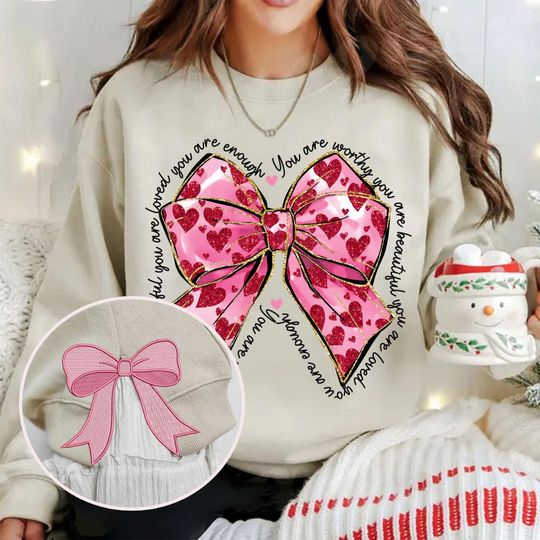Pink Valentine Coquette Side Bow Embroidered Sweatshirt, You Are Loved Heart Side Bow Cut-Out Sweatshirt, Valentine's Day Gift For Her