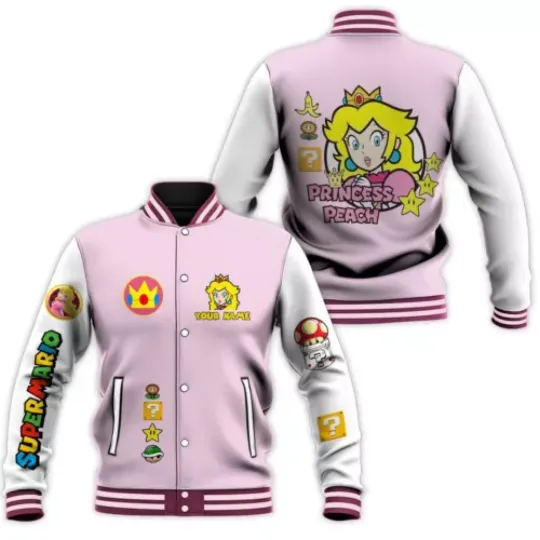 Princess Peach Baseball Jacket, Super Mario Baseball Jacket, Custom Princess