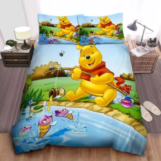 Funny Winnie The Pooh Fishing Full Bedding Duvet Covers Set