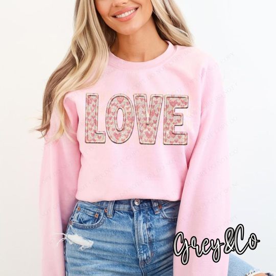 Love Faux Embroidery Sequin Sweatshirt, Valentine Sweater, Hearts Vday, Valentines Tshirt, Gifts for Her