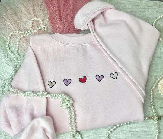 Embroidered Heart Sweatshirt  , Valentines Day Sweater , Cute lover Crewneck , Five hearts Shirt .