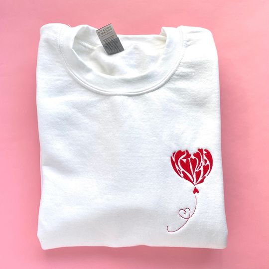 Balloon Heart Embroidered Sweatshirt, Adult Unisex, Valentines Day Embroidered Crewneck, Pocket Heart, Cute Love Pull Over, Embroidery Gift
