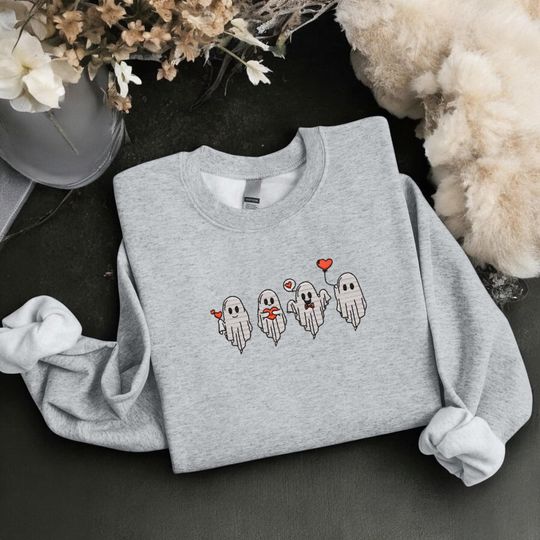 Valentine Embroidered Sweatshirt, Valentines Day Sweatshirt, Valentines Ghost, Cute Ghost Sweater, Valentines Gift,Spooky Valentine Crewneck