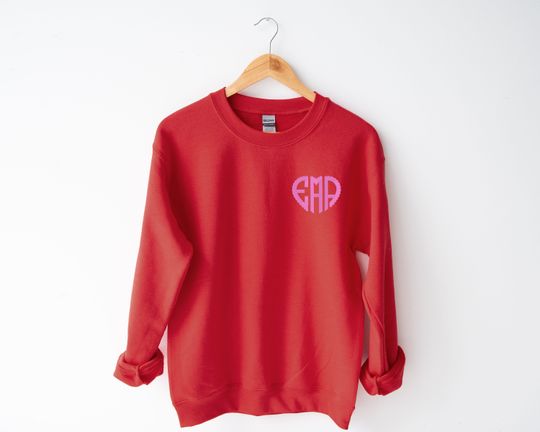 Valentine's Day Heart Monogrammed Sweatshirt | Heart Shape Monogram | Red Sweatshirt | Valentine Shirt Embroidery | Monogrammed Sweatshirt