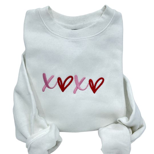 Embroidered Sweatshirt for Valentines, Crewneck and Hoodie embroidered with XOXO design, Machine Embroidery Gift