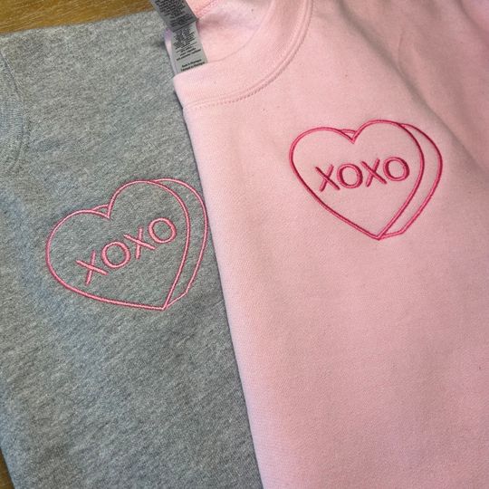 Embroidered XOXO Candy Heart Sweatshirt | Custom conversation heart hoodie Valentine's Sweatshirt