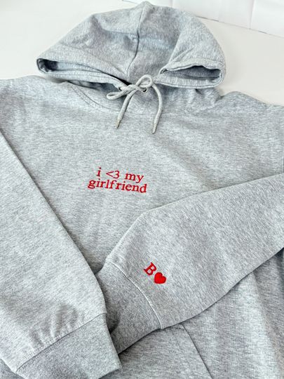 Custom Embroidered i love my girlfriend Couple Matching Initial Hoodie | Personalized Valentines Day Anniversary Gift for Him