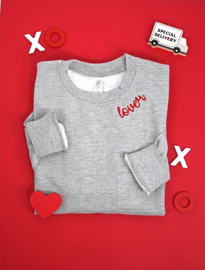 LOVER Valentine Sweatshirt for her, Valentine's Day Crewneck Sweatshirt, Embroidered Sweatshirt, Valentines Day Gift, Gifts For Her