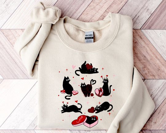 Discover Valentine Black Cat Sweatshirt, Black Cat Love Shirt, Kitten Valentine Shirt, Cat Lover Gift, Cat Mom Sweater, Lover Gift, Heart Cat Hoodie