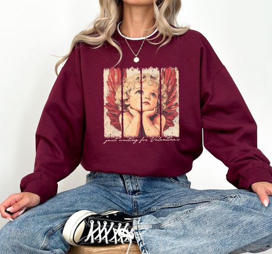 Just Waiting For Valentine's Sweatshirt, Vintage Angel Sweater, Valentine's Day Crewneck, Cupid Sweatshirt, Cherub Graphic Sweatshirt