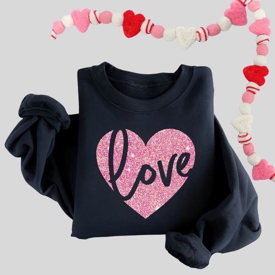 Pink Glitter Heart Sweatshirt, Womens Valentines Day Sweater, Glitter Heart Valentine Sweatshirt,mommy me love sweatshirt, Real GLITTER