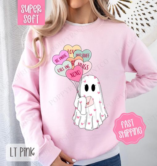 Valentine's Ghost Sweatshirt, Valentine's Day Crewneck, Cute Women's Sweater, Conversation Heart Ghost Sweatshirt, Trendy Vday Sweater