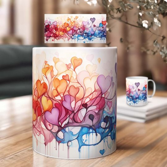 Sublimation design for mugs  watercolor hearts in vintage style | Colorful Valentine's Day print template for coffee mugs as a download file