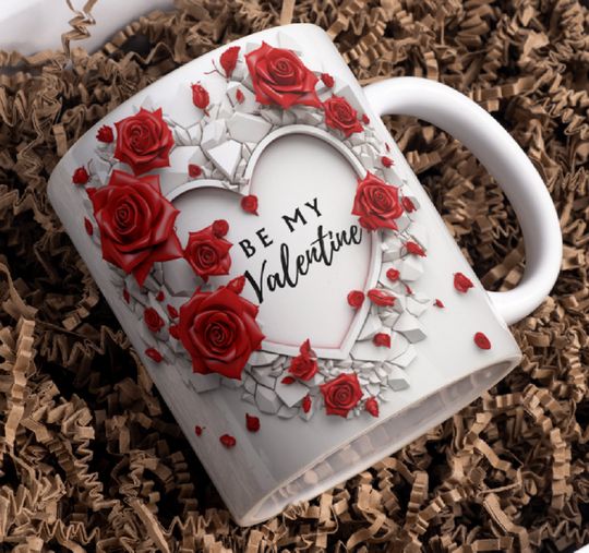 Be My Valentine Mug Wrap, 3D Heart and Red Roses Valentine Day Mug Sublimation Design, 11oz and 15oz Romantic Mug Wrap, Instant Download