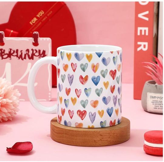 Valentine's Day Mug - Watercolor Heart Shaped Ceramic Mug, 11oz Heart Shaped Coffee Mug for Wedding, Anniversary, Bridal Shower, Love