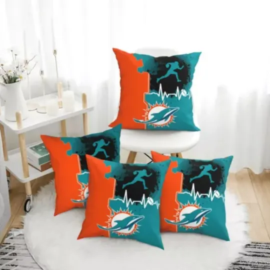 Miami Dolphins Heartbeat Sport Throw Pillow, Gift For Football Lover