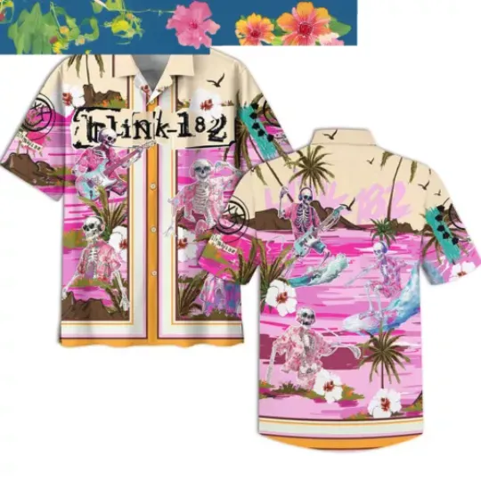 B182 Dancing Skull Surfing Beach Hibiscus Pink Hawaiian Shirts