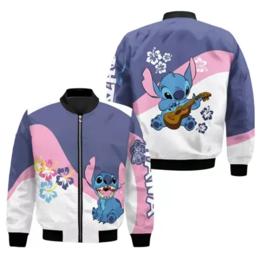Vintage Stitch Playing Guitar Lilo Stitch And Lilo Cartoon Bomber Jacket