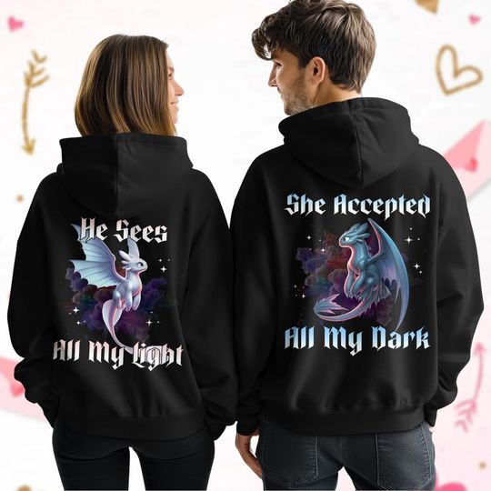 Toothless And Light Fury Valentine Couple Hoodie, Disney How To Train Your Dragon Couple Hoodie, Disney Valentine's Day Shirt