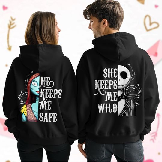 Jack And Sally Valentine Couple Hoodie, Nightmare Before Christmas Hoodie, Jack And Sally Shirt, Cartoon Movie Valentine Gift