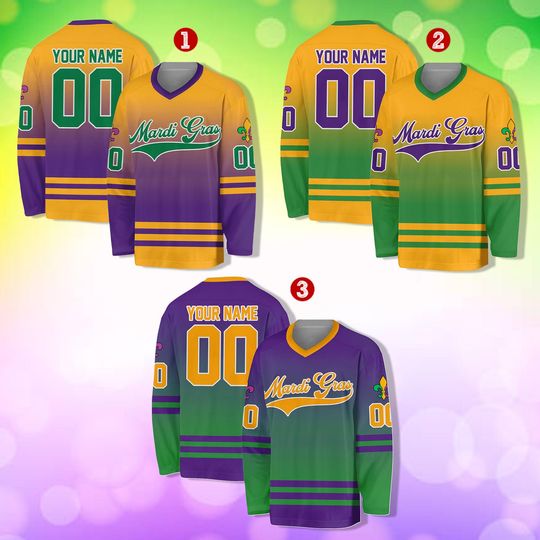 Personalized Mardi Gras Hockey Jersey, Custom Name Mardi Gras Hockey Jersey