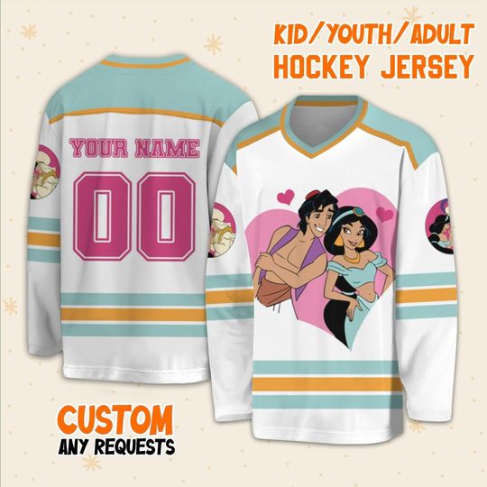 Personalize Aladdin & Jasmine Couple Love Valentine, Ice Hockey Jersey Sweatshirt Team Disneyland Family Trip Birthday Gift