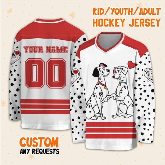 Personalize Pongo & Perdita Love Valentine Red, Ice Hockey Jersey Team Sports Disneyland Family Trip Birthday Gift