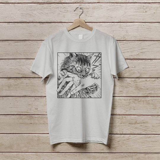 Cat Bite Shirt, Japanese Horror Anime T-Shirt, Creepy Cat Shirt, Cats Crazy Shirts Cool Graphic Unisex T Shirts