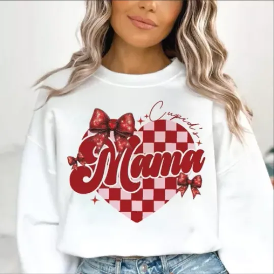 Match Mama Mimi Valentines Sweatshirt, Valentine’s Day Checkred Coquette Bow Tee