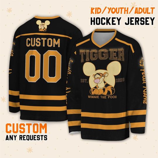 Personalize Winnie The Pooh Tigger, Custom Ice Hockey Jersey Sweatshirt Team Sports Disneyland Family Trip Vacation Birthday Gift For Fans