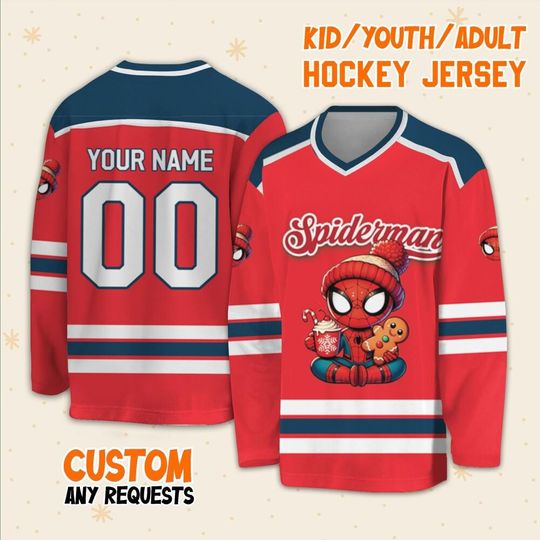 Custom Superhero Spiderman Team 2024 Christmas Hockey Jersey, Ice Hockey Jersey Sweatshirt Sports Disneyland Family Birthday Gift For Fans