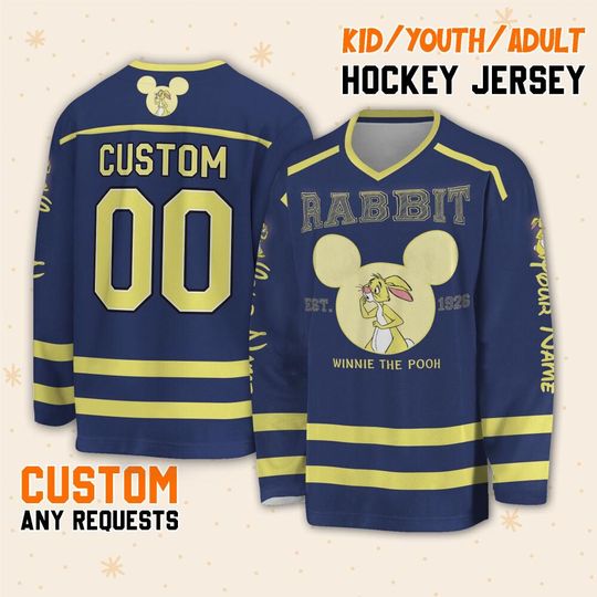 Personalize Winnie The Pooh Rabbit, Custom Ice Hockey Jersey Sweatshirt Team Sports Disneyland Family Trip Vacation Birthday Gift For Fans