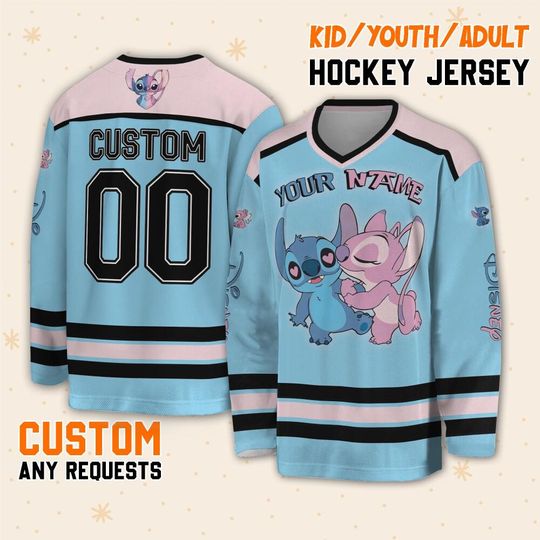 Personalize Vintage Disney Stitch And Angel, Custom Ice Hockey Jersey Sweatshirt Team Sports Disneyland Family Trip Birthday Gift For Fans