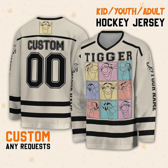 Personalize Winnie The Pooh Tigger Pastel, Custom Ice Hockey Jersey Sweatshirt Team Sports Disneyland Family Vacation Birthday Gift For Fans