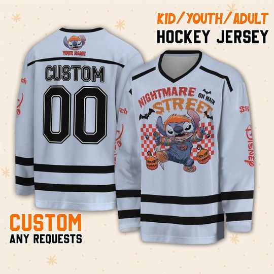 Personalized Disney Horror Stitch Vintage Chucky Nightmare On Main Street, Custom Ice Hockey Jersey Sweatshirt Disney Family Birthday Gift