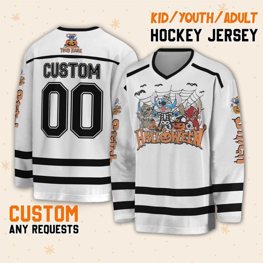 Personalized Disney Horror Stitch Vintage Halloween, Custom Ice Hockey Jersey Sweatshirt Team Sports Disneyland Family Birthday Gift