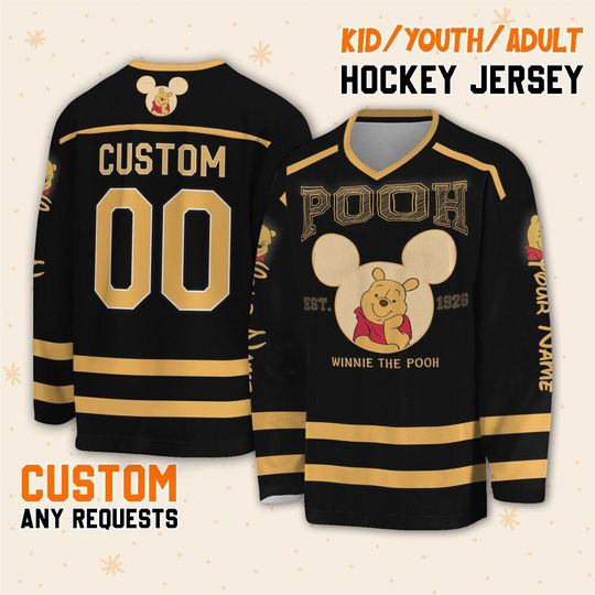 Personalize Disney Winnie The Pooh, Custom Ice Hockey Jersey Sweatshirt Team Sports Disneyland Family Trip Vacation Birthday Gift For Fans
