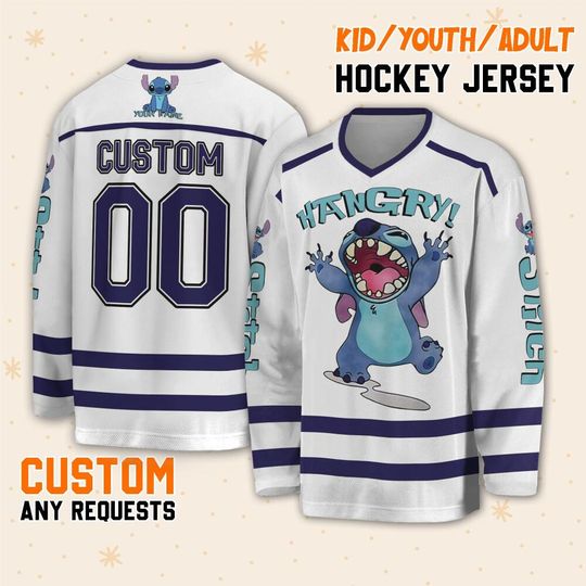 Personalize Vintage Disney Hangry Cute Stitch, Custom Ice Hockey Jersey Sweatshirt Team Sports Disneyland Family Trip Birthday Gift For Fans
